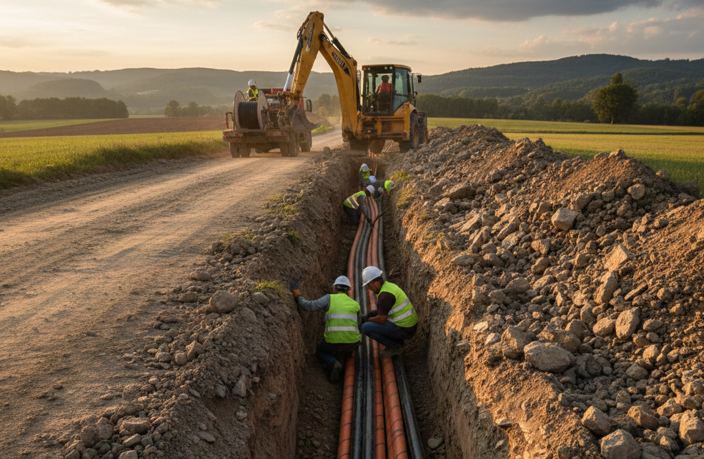 Construction workers install conduit in a trench